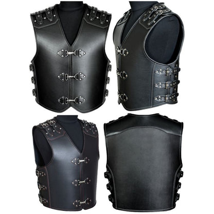 Men’s Genuine Heavy Leather Biker Vest with Fish Hook Closure – Steampunk Style