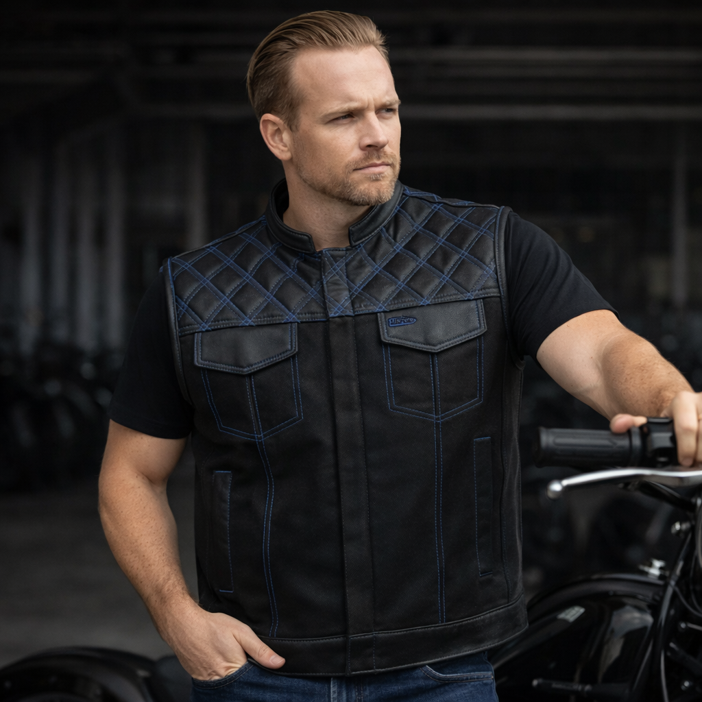 Men's Genuine Cowhide Leather Biker Vest with Contrast Stitch Detailing