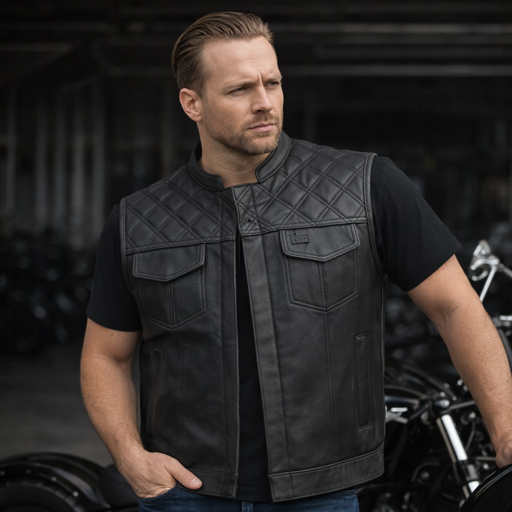 Men's Genuine Cowhide Leather Biker Vest with Contrast Stitch Detailing