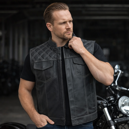 Men's Genuine Cowhide Leather Biker Vest with Contrast Stitch Detailing