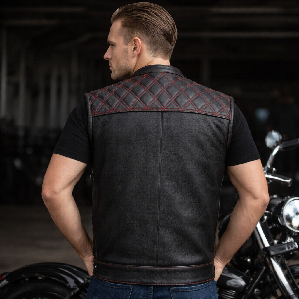 Men's Genuine Cowhide Leather Biker Vest with Contrast Stitch Detailing