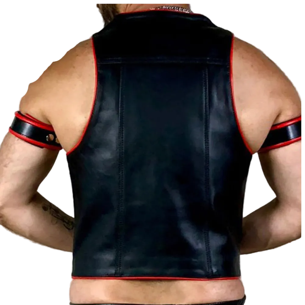 Men’s Cowhide Leather Biker Vest with Piping + Free Armbands