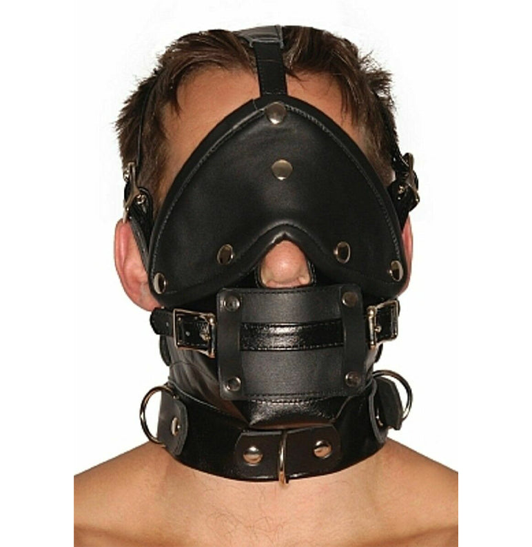 Real Leather Muzzle Hood with Adjustable Gag & Blindfold- Bondage Mask