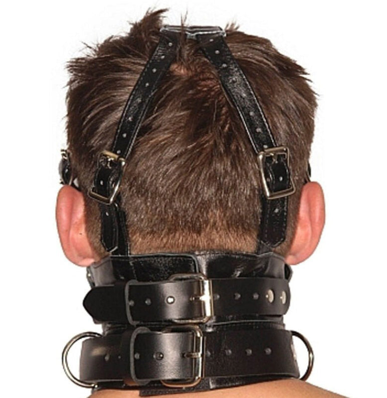 Real Leather Muzzle Hood with Adjustable Gag & Blindfold- Bondage Mask