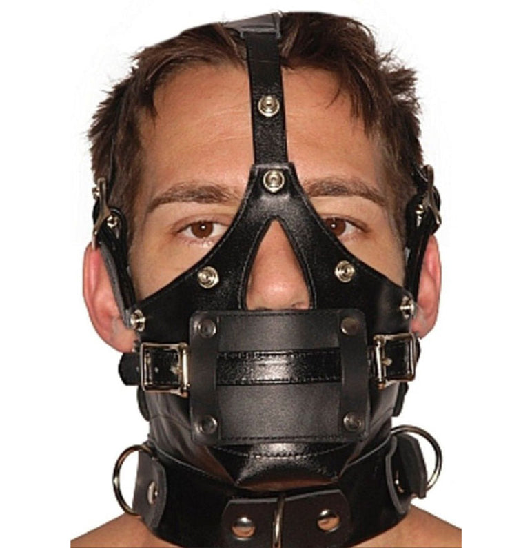 Real Leather Muzzle Hood with Adjustable Gag & Blindfold- Bondage Mask
