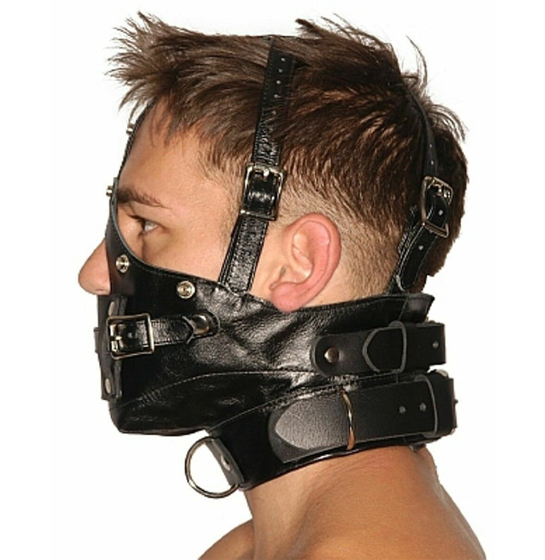 Real Leather Muzzle Hood with Adjustable Gag & Blindfold- Bondage Mask
