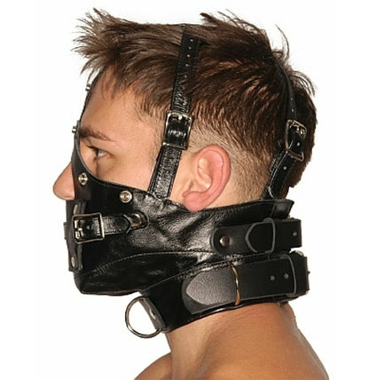 Real Leather Muzzle Hood with Adjustable Gag & Blindfold- Bondage Mask