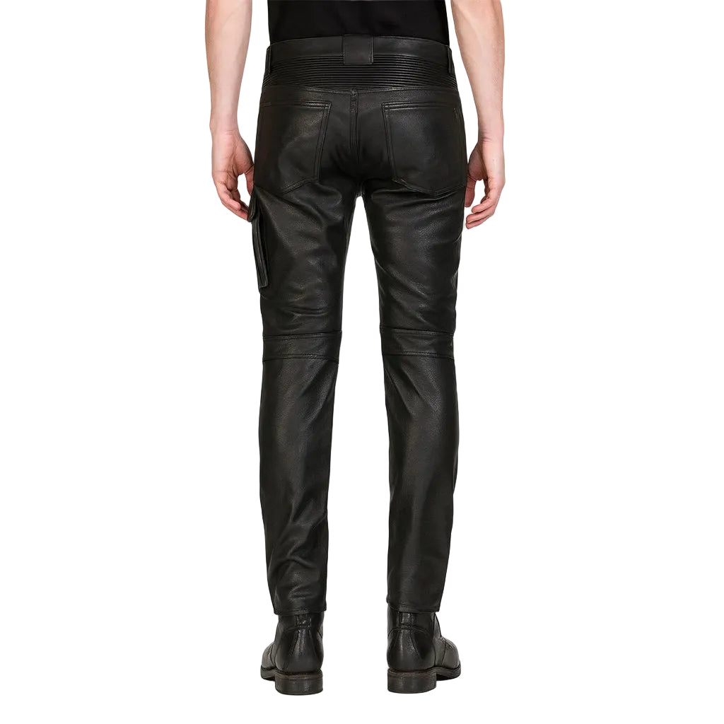 Men's Real Cowhide Leather Cargo Biker Pants with Zipper Pockets
