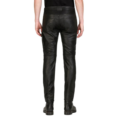 Men's Real Cowhide Leather Cargo Biker Pants with Zipper Pockets