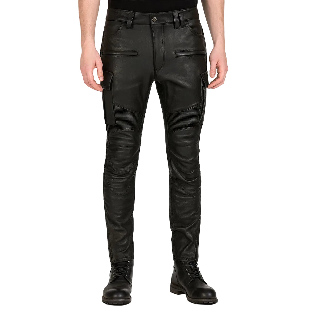 Men's Real Cowhide Leather Cargo Biker Pants with Zipper Pockets