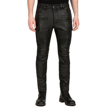 Men's Real Cowhide Leather Cargo Biker Pants with Zipper Pockets