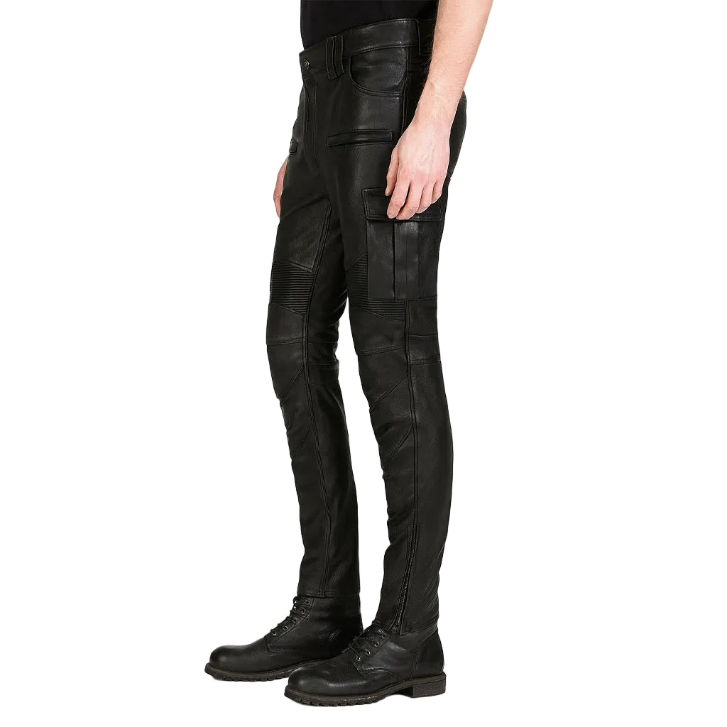 Men's Real Cowhide Leather Cargo Biker Pants with Zipper Pockets