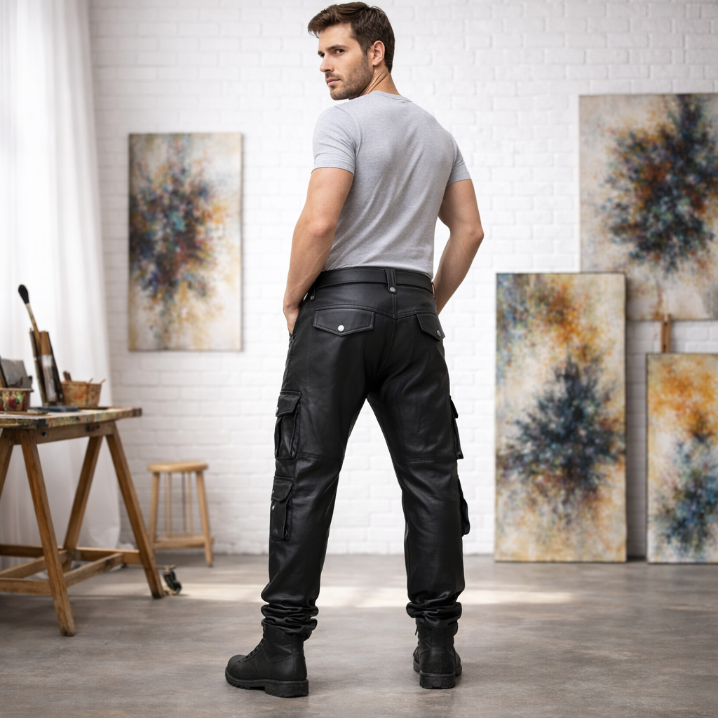 Men’s Cowhide Leather Cargo Pants – 8-Pocket Biker Trousers