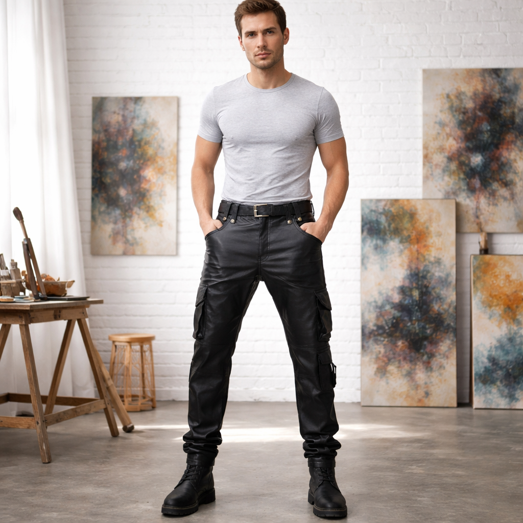Men’s Cowhide Leather Cargo Pants – 8-Pocket Biker Trousers