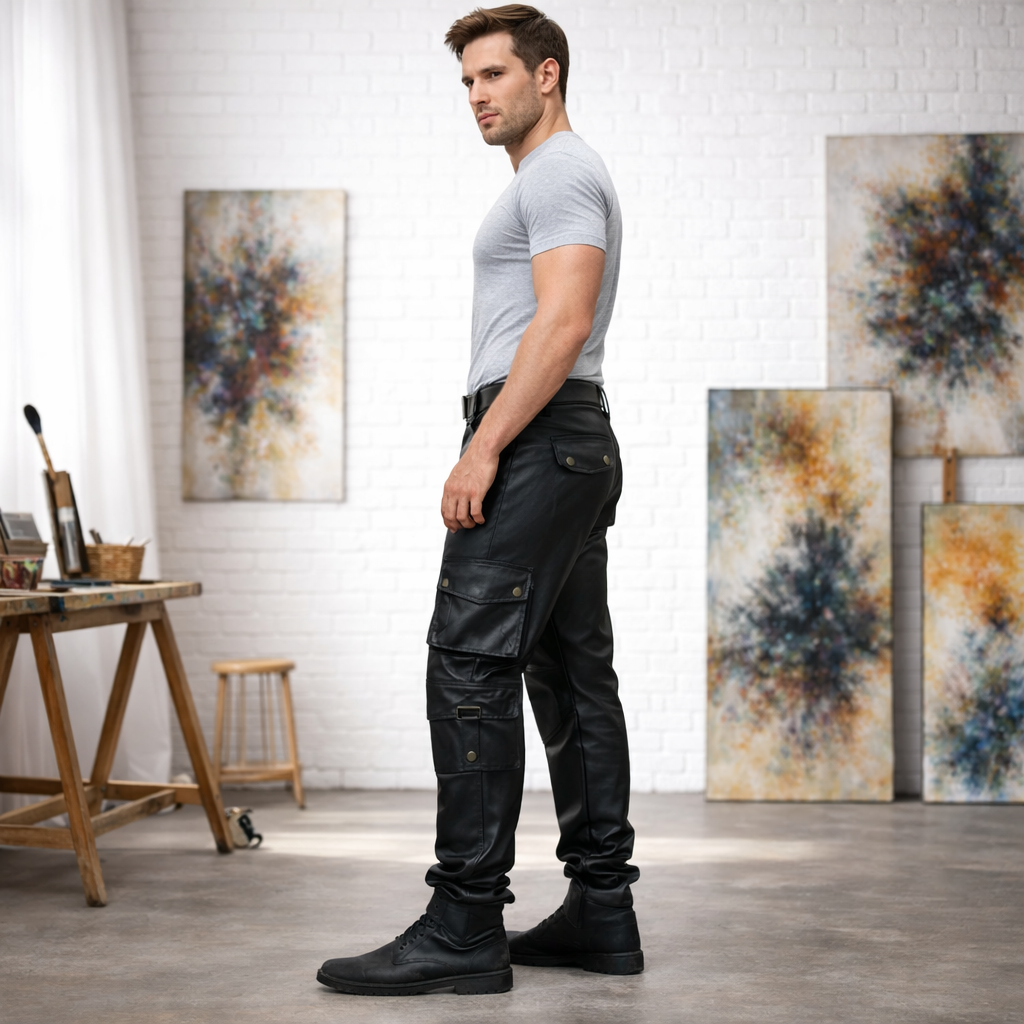 Men’s Cowhide Leather Cargo Pants – 8-Pocket Biker Trousers