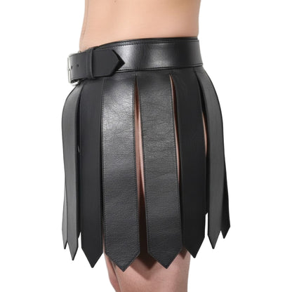 Men’s Genuine Leather Gladiator Kilt – Black Handmade Clubwear Kilt