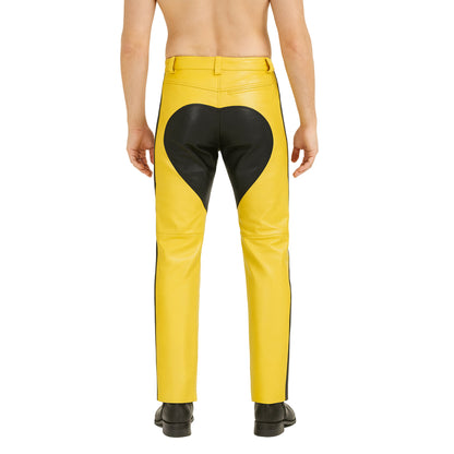 Men’s Cowhide Leather Biker Pants – Yellow & Black Panel Design