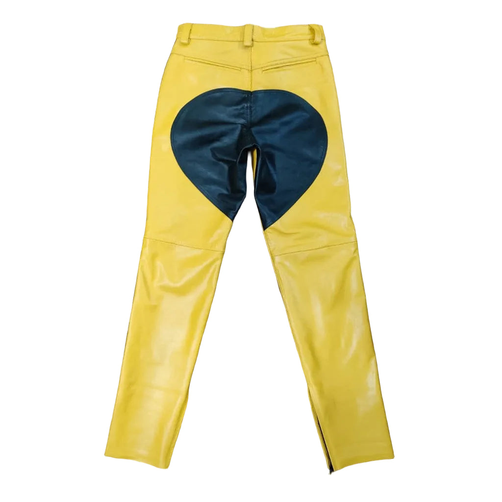 Men’s Cowhide Leather Biker Pants – Yellow & Black Panel Design