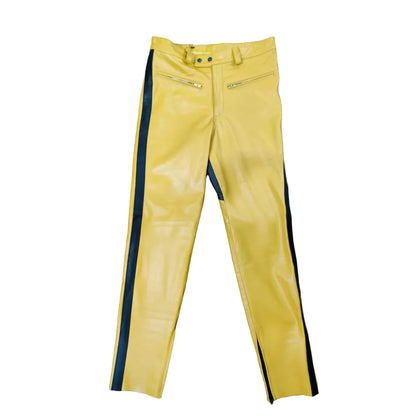 Men’s Cowhide Leather Biker Pants – Yellow & Black Panel Design