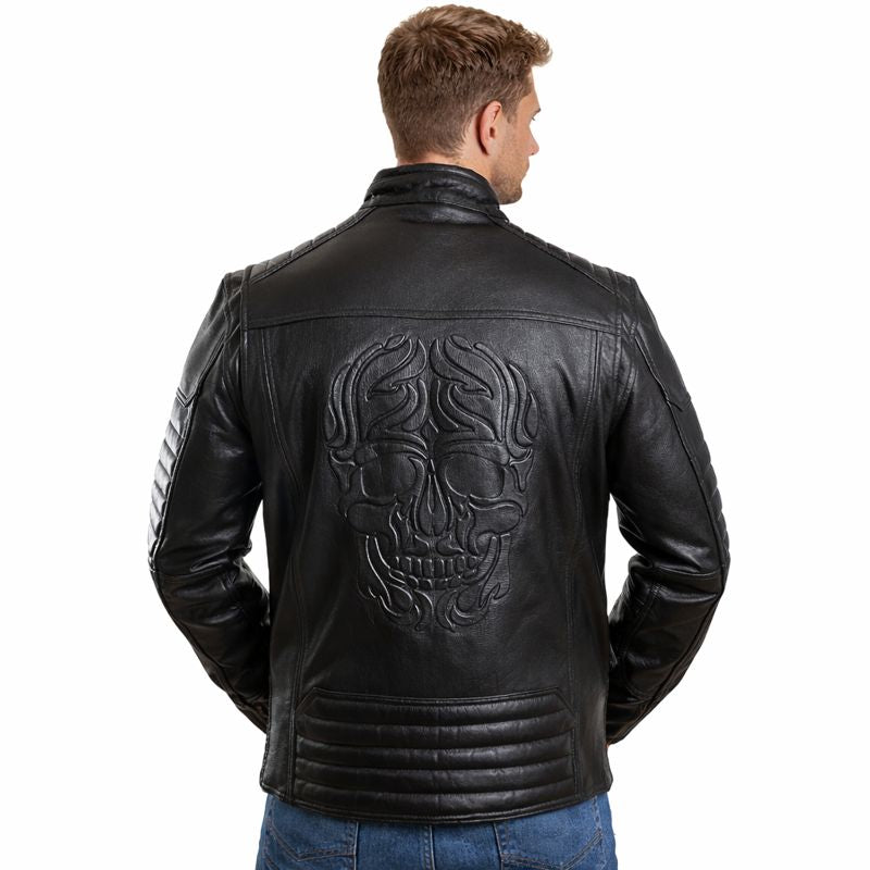 Men’s Cow Leather Quilted Biker Jacket – Embossed Skull Design, YKK Zips