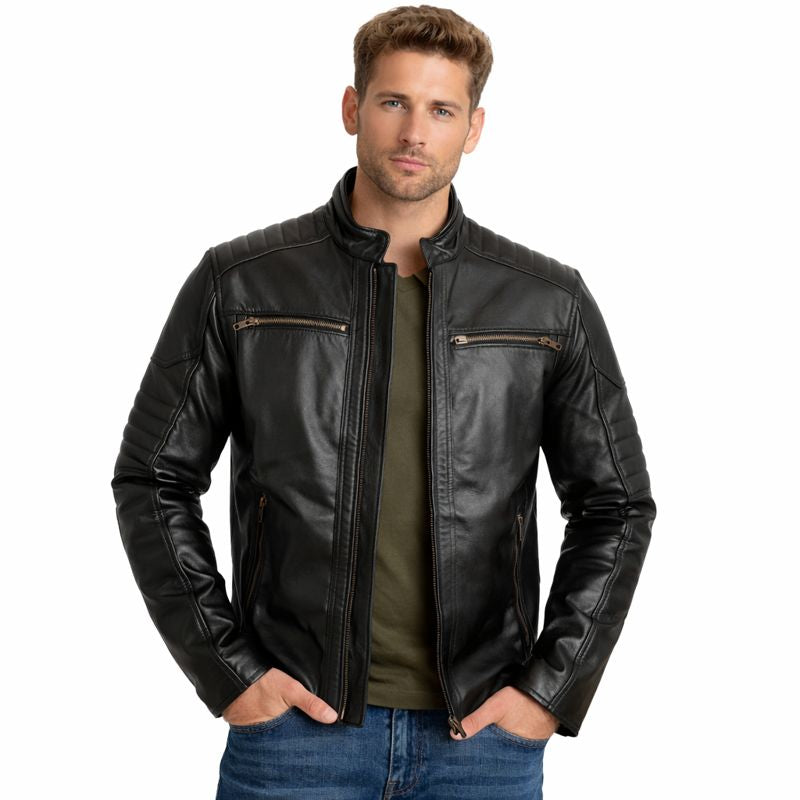 Men’s Cow Leather Quilted Biker Jacket – Embossed Skull Design, YKK Zips