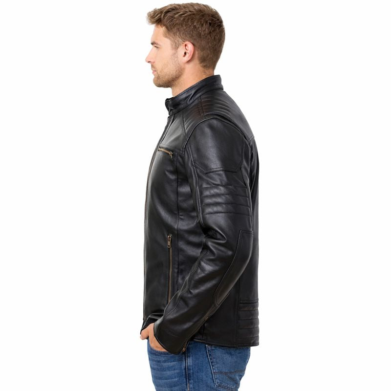 Men’s Cow Leather Quilted Biker Jacket – Embossed Skull Design, YKK Zips