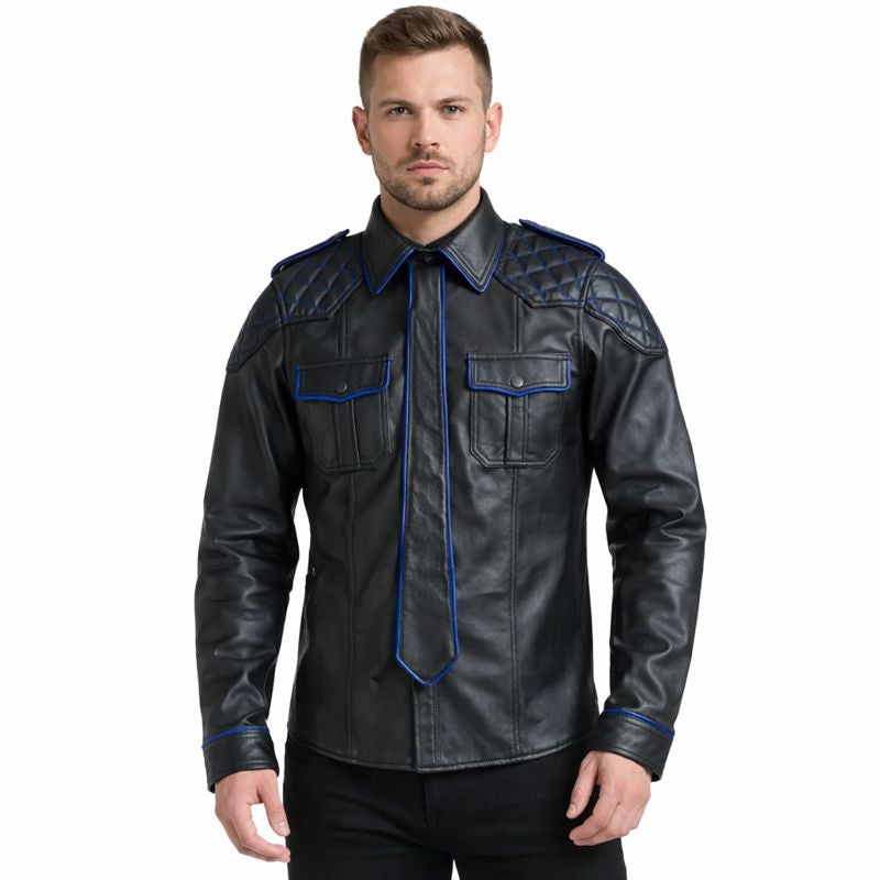 Men’s Full Sleeve Quilted Leather Police Shirt & Tie – BLUF Lambskin Set