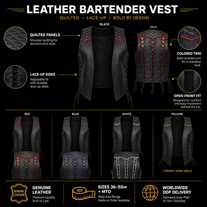 Leather bartender vest feature infographic