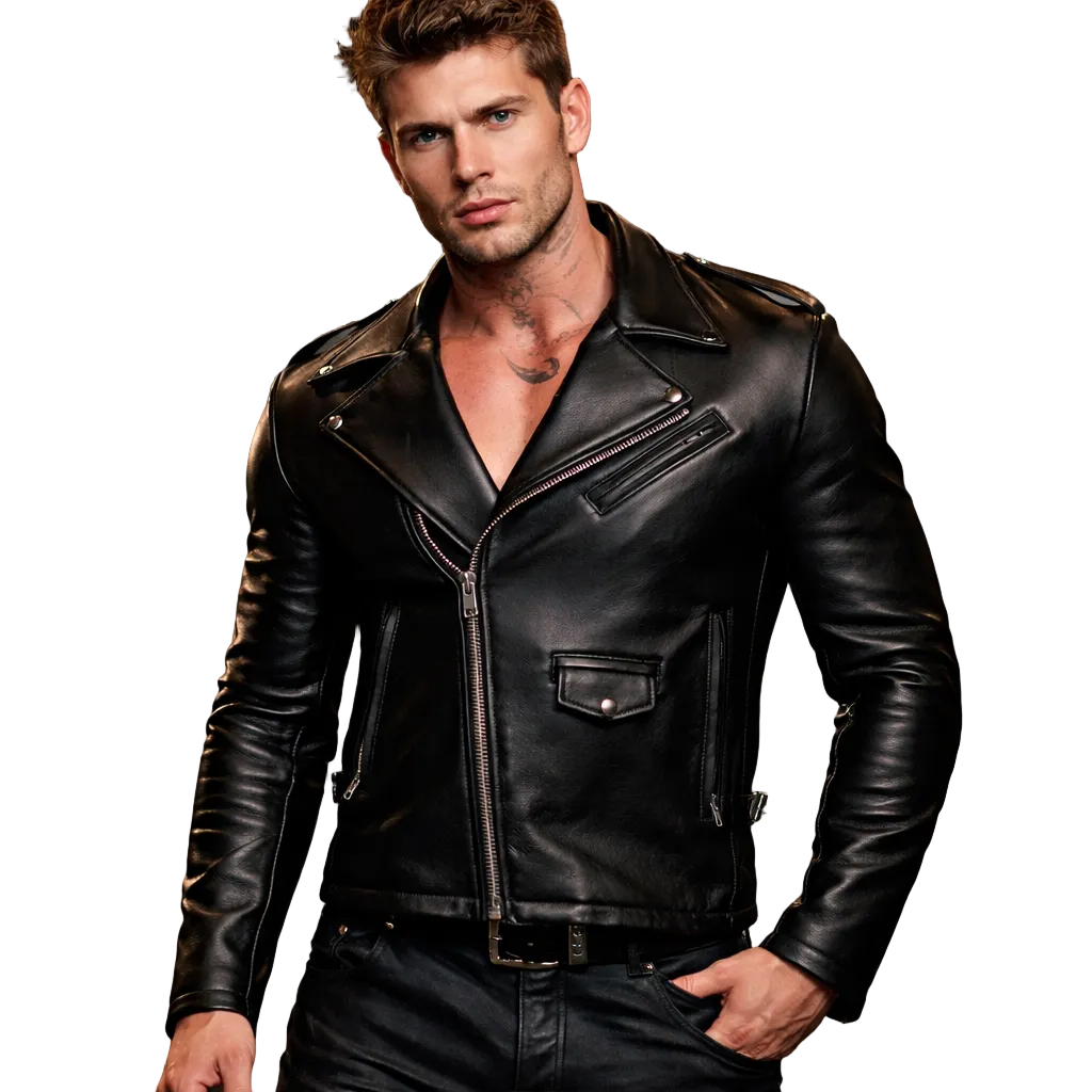 Men’s Genuine Cowhide Leather Biker Jacket – Classic Black Brando Style