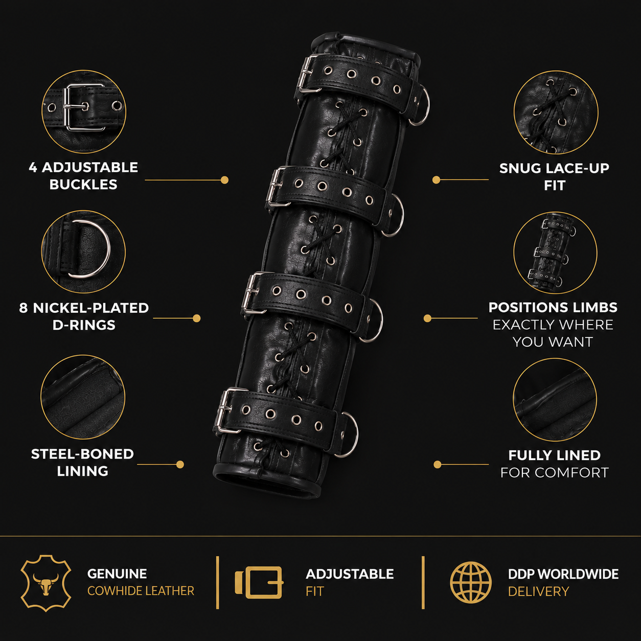 Leather arm binder restraint detail shot showing buckle and D-ring hardware