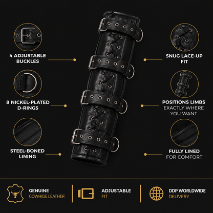 Leather arm binder restraint detail shot showing buckle and D-ring hardware