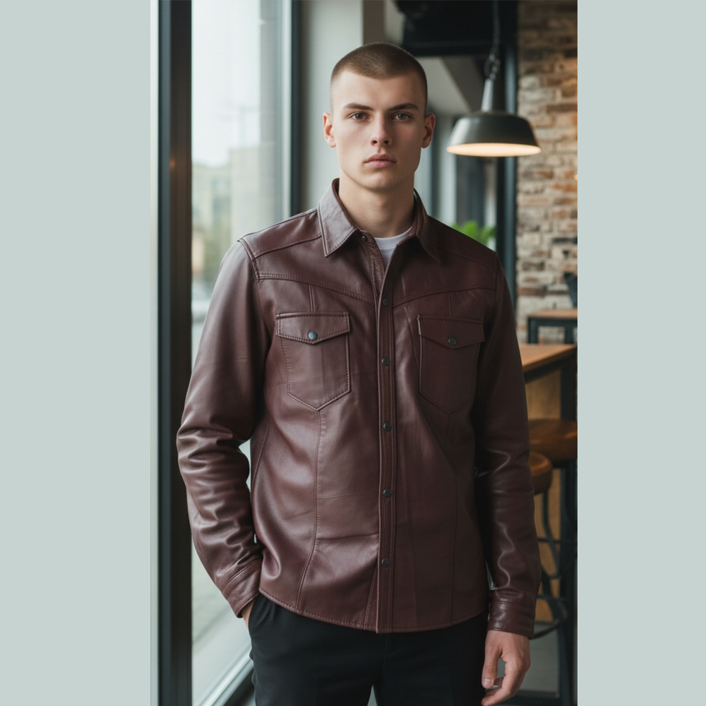 Men’s Slim Fit Lambskin Leather Button-Up Shirt in Multiple Colors