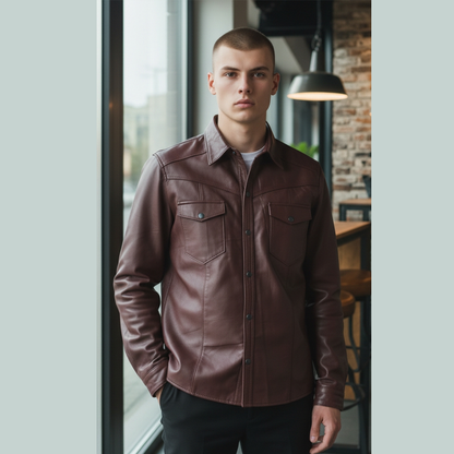 Men’s Slim Fit Lambskin Leather Button-Up Shirt in Multiple Colors
