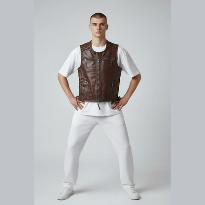 MENS REAL COW LEATHER MOTORCYCLE VEST BIKERS VEST / WAISTCOAT