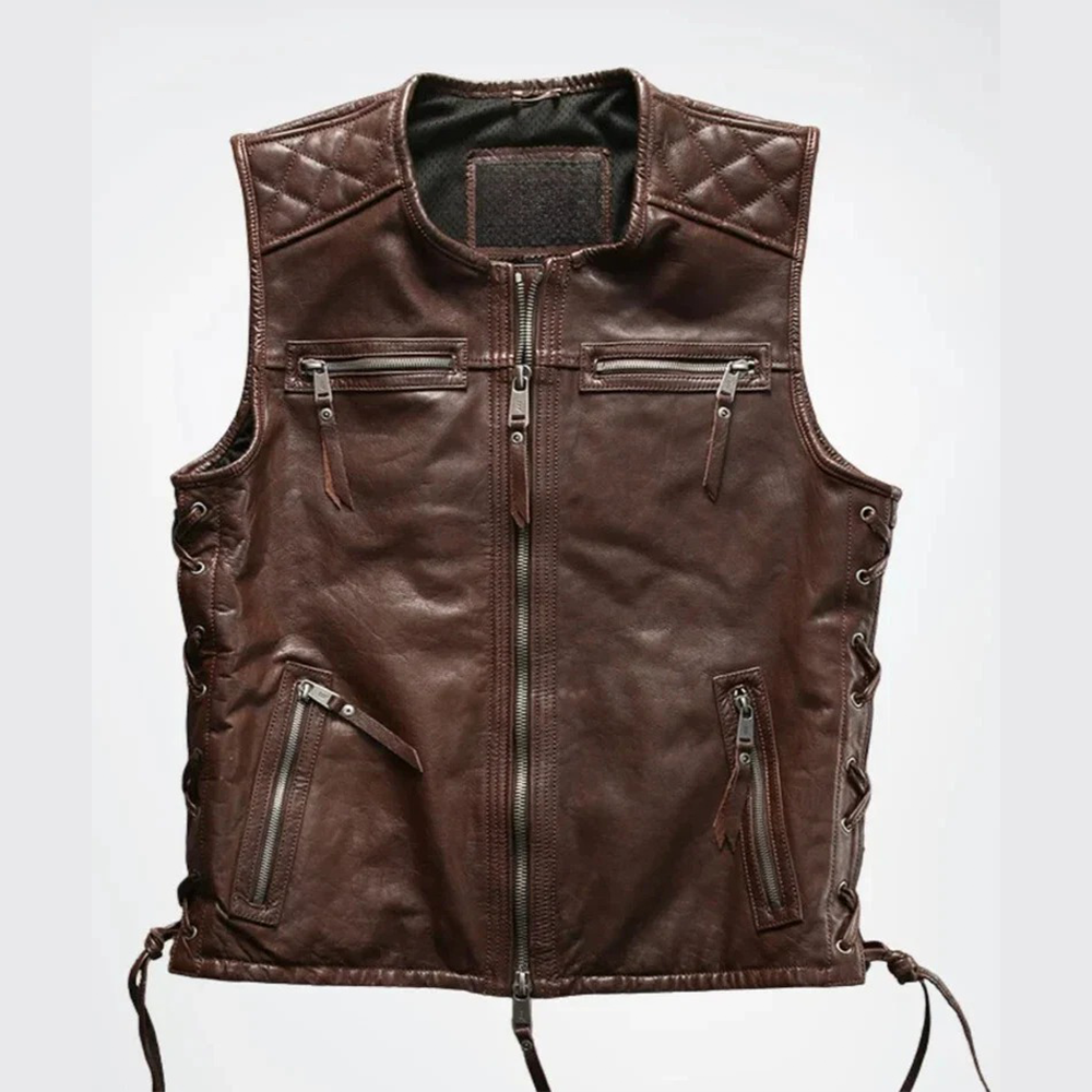 MENS REAL COW LEATHER MOTORCYCLE VEST BIKERS VEST / WAISTCOAT