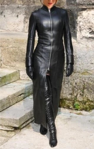 Women’s Leather Trench Coat – Long Duster with Corset Back Laces