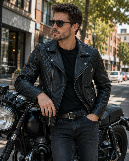 Man in a quilted cowhide moto jacket standing beside a motorcycle on a city street