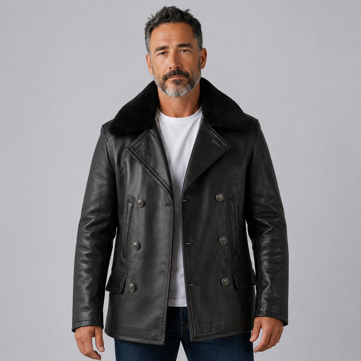 Man wearing a black double-breasted leather pea coat men style with detachable fur collar.