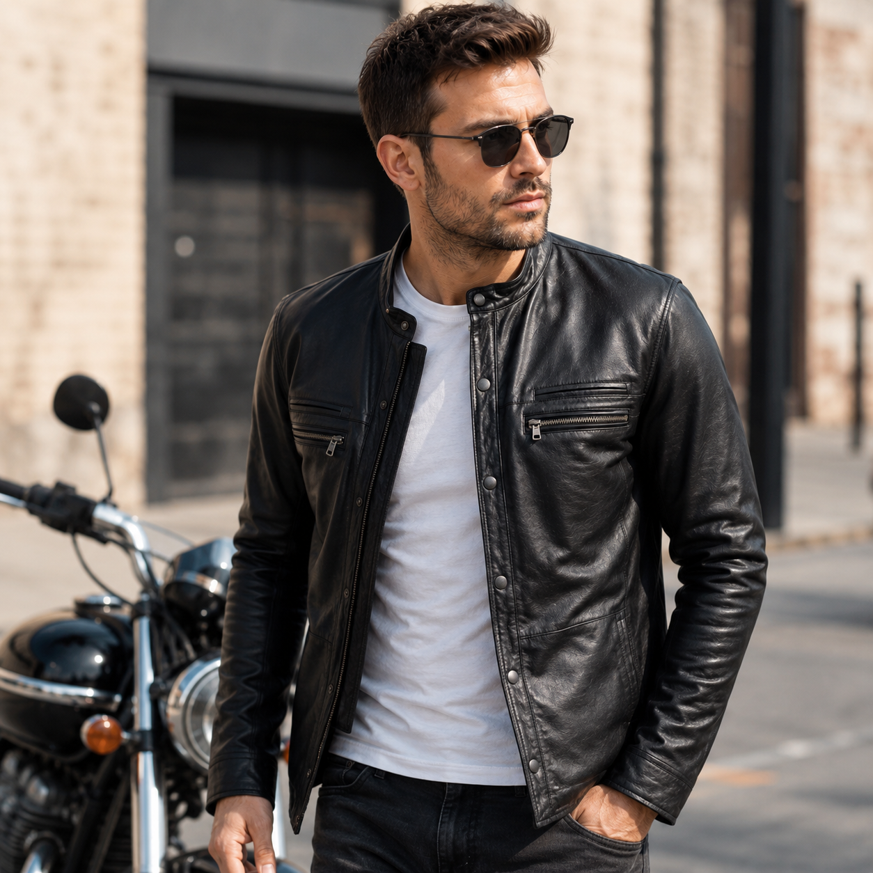  Man wearing a lambskin leather shirt jacket layered over a t-shirt on a daylight city street