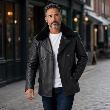 Man wearing a leather pea coat men style while walking down a city street