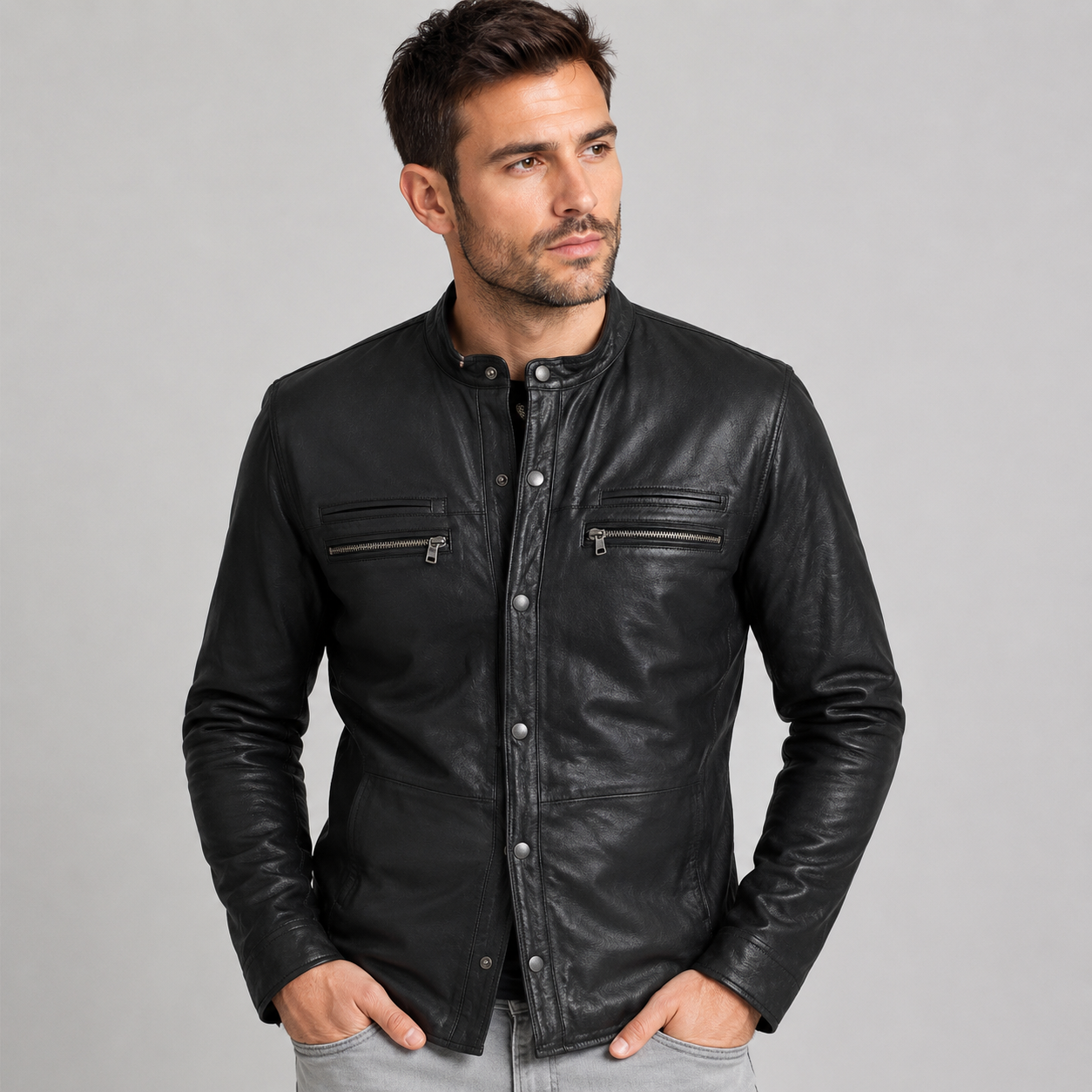 Man wearing a men's leather shirt jacket with a snap-button front in a light studio setting