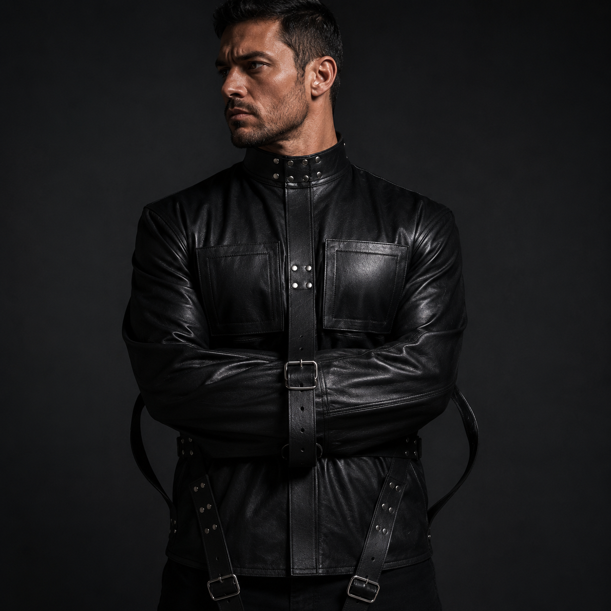 Man wearing a mens leather bondage straitjacket with crossed arm restraint and steel D-rings