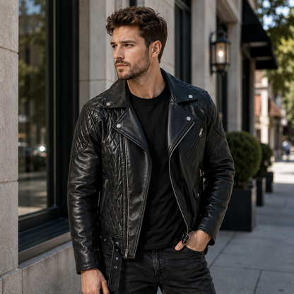 Man wearing a quilted cowhide moto jacket with diamond stitched panels and belted waist