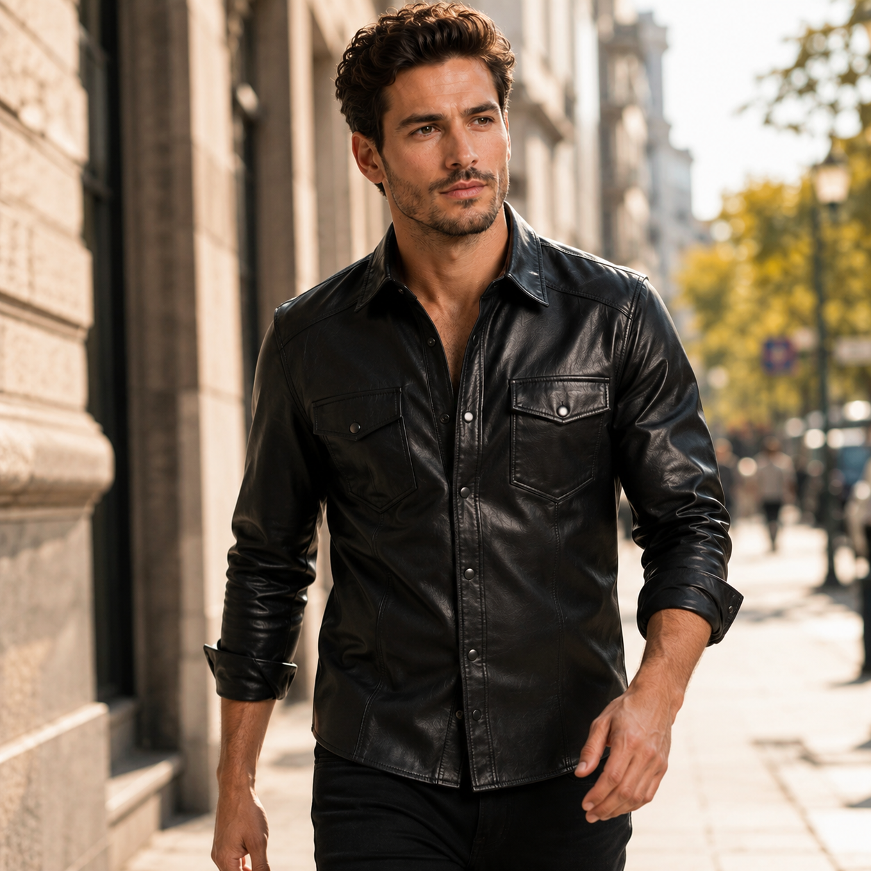  Man wearing mens slim leather shirt on city street, lifestyle shot