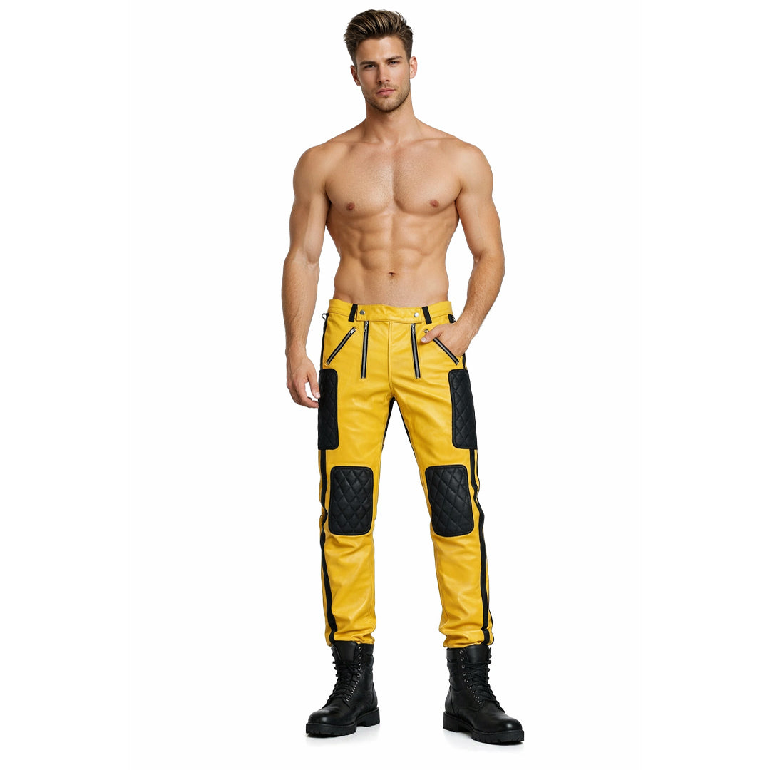 Men’s Quilted Yellow & Black Leather Carpenter Pants – Real Cowhide