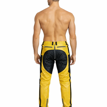Men’s Quilted Yellow & Black Leather Carpenter Pants – Real Cowhide