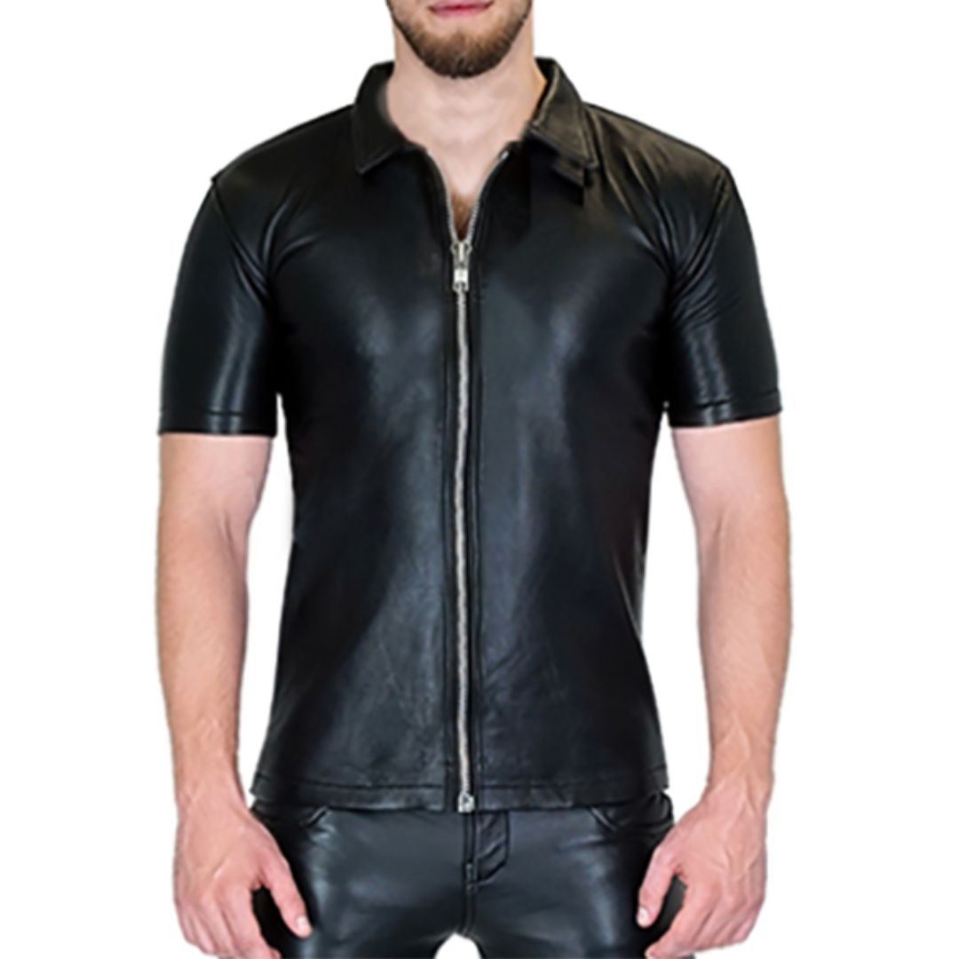Men’s Real Leather Short Sleeve Zip-Up Shirt – Clubwear Style