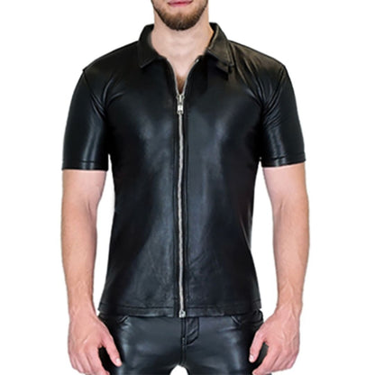 Men’s Real Leather Short Sleeve Zip-Up Shirt – Clubwear Style