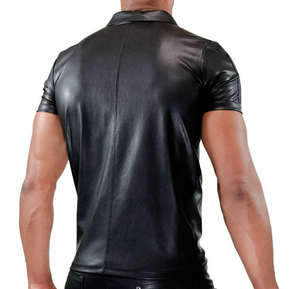 Men’s Real Leather Short Sleeve Zip-Up Shirt – Clubwear Style
