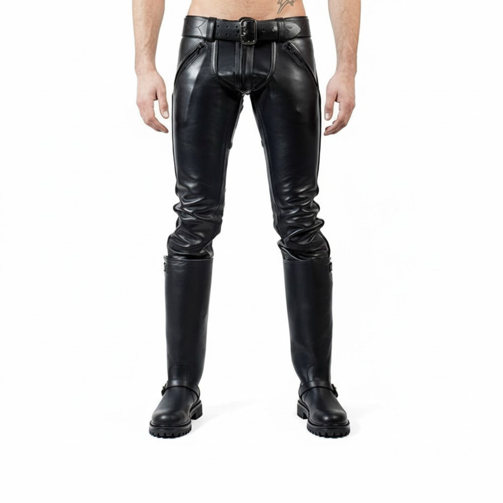 Men’s Double Zip Leather Biker Pants – Genuine Cowhide Trousers With or Without
